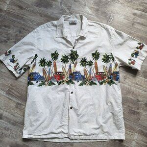 Pacific Legend Hawaiian Button Up Shirt Woody Cars Surfboards Palm Trees 2XL USA